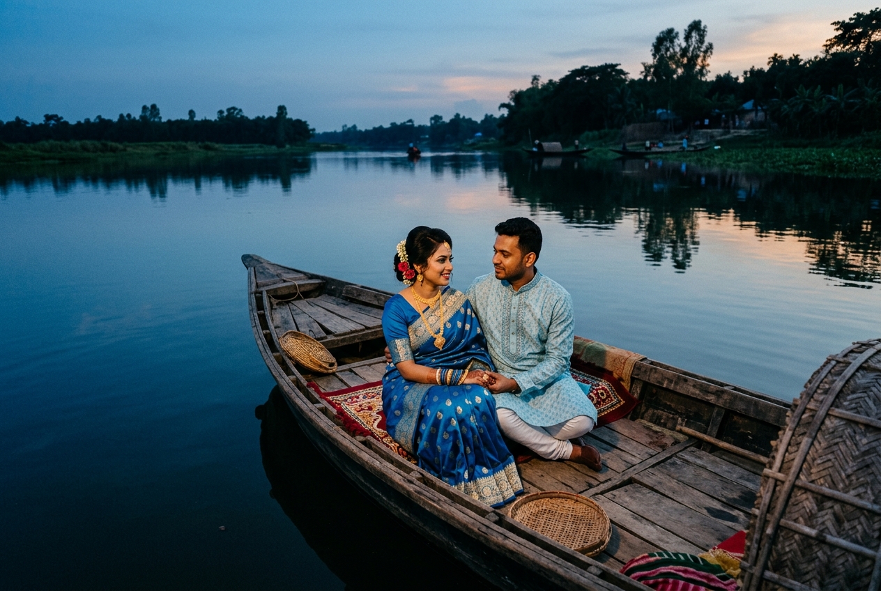 Couple sitting together on wooden boat on calm river at twilight